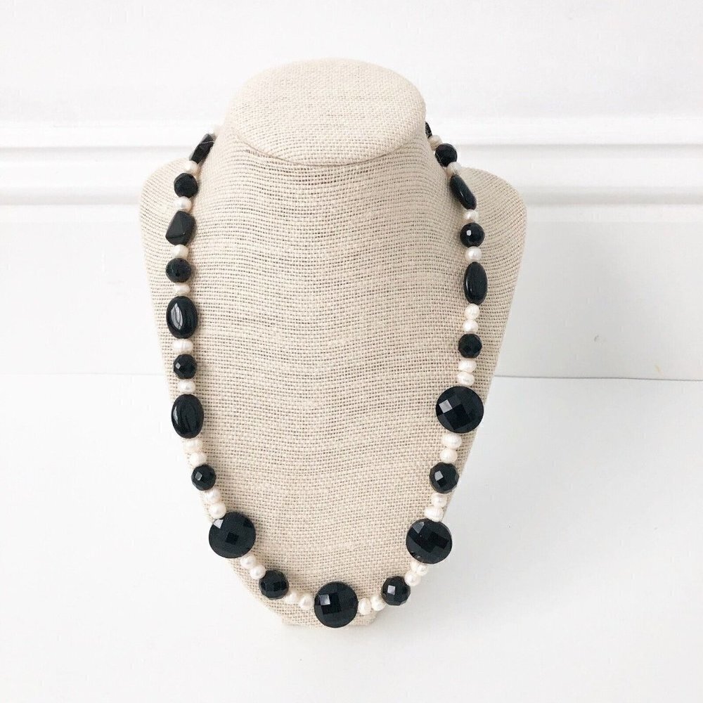 NWT Genuine Black Onyx, Pearls & Black Crystal Necklace Beaded Black White